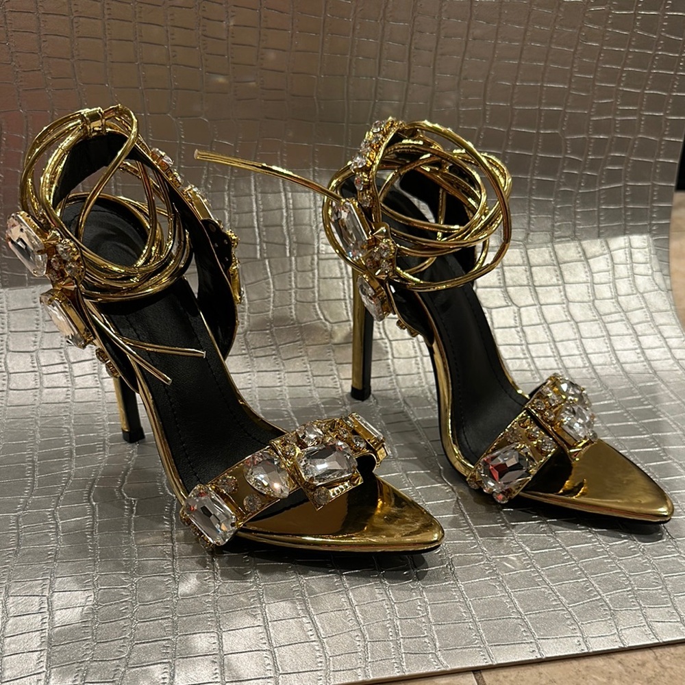 Gold Strappy Stiletto Sandals NWOT